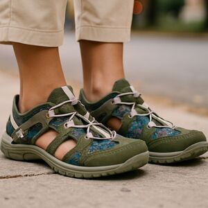 Lands’ End Wm’s Size 10D Floral Trail Sandals Olive Green Adjustable Hiking Shoe
